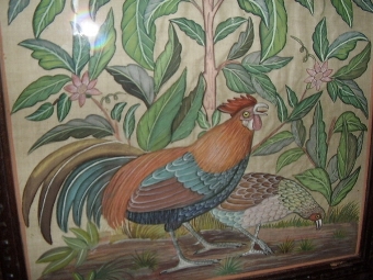 Antique LARGE ANTIQUE HAND PAINTED SILK WALL SCREEN IN MAHOGANY CARVED FRAME and DECORATED WITH FLORREL FORNA and TROPICAL BIRDS UNDER GLASS