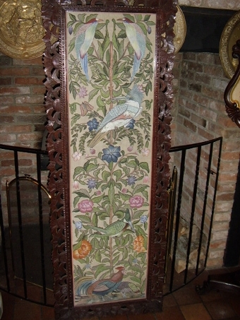LARGE ANTIQUE HAND PAINTED SILK WALL SCREEN IN MAHOGANY CARVED FRAME and DECORATED WITH FLORREL F...