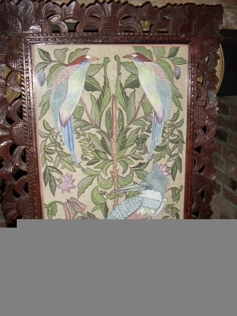 Antique LARGE ANTIQUE HAND PAINTED SILK WALL SCREEN IN MAHOGANY CARVED FRAME and DECORATED WITH FLORREL FORNA and TROPICAL BIRDS UNDER GLASS