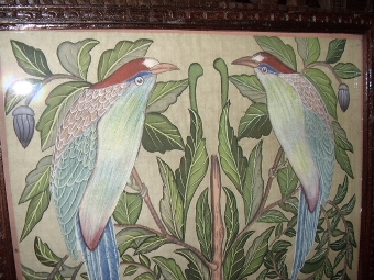 Antique LARGE ANTIQUE HAND PAINTED SILK WALL SCREEN IN MAHOGANY CARVED FRAME and DECORATED WITH FLORREL FORNA and TROPICAL BIRDS UNDER GLASS