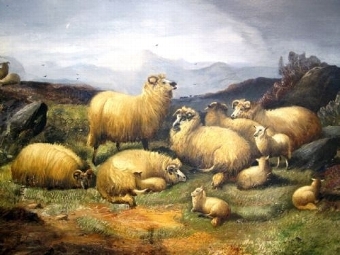 Antique ALFRED MORRIS LANDSCAPE OIL PAINTING OF HIGHLAND SHEEP GRAZING 5FT. 1 X 3FT 5 INCHES