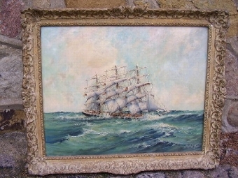 OIL ON BOARD OF TEA CLIPPER IN ROUGH CHOPPY SEAS BY LISTED ARTIST J.MILLINGTON  1891 - 1948