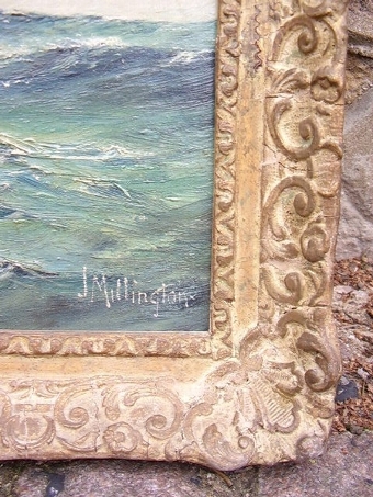 Antique OIL ON BOARD OF TEA CLIPPER IN ROUGH CHOPPY SEAS BY LISTED ARTIST J.MILLINGTON  1891 - 1948