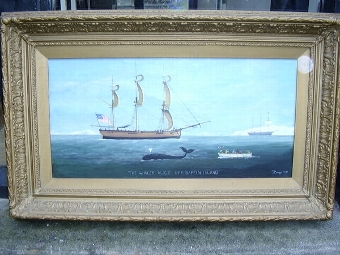 HISTORIC SIGNED OIL PAINTING DEPICTING A WHALING SCENE OFF OF BAFFIN ISLAND BY J.BRIGGS DATED 189...