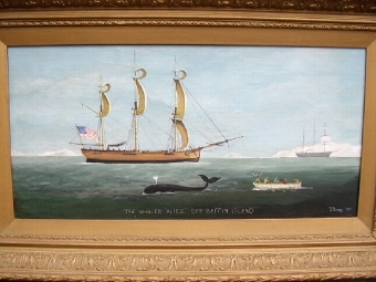 Antique HISTORIC SIGNED OIL PAINTING DEPICTING A WHALING SCENE OFF OF BAFFIN ISLAND BY J.BRIGGS DATED 1897  