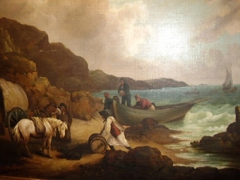 Antique A QUALITY OIL PAINTNG TITLED SMUGGLERS & ATTRIBUTED AFTER GEORGE MORLAND 1763-1804 IN BEAUTIFUL GILT & GESSO FRAME SIZE: 23.5 X 30.5 INCHES 