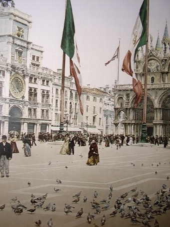 Antique RARE SURVIVING HAND COLOURED PHOTO-CHROMO-LITHOGRAPH OF ST.MARKS SQUARE VENICE ITALY C1900