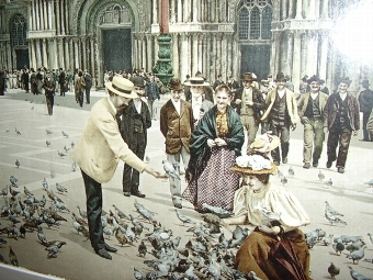 Antique RARE SURVIVING HAND COLOURED PHOTO-CHROMO-LITHOGRAPH OF ST.MARKS SQUARE VENICE ITALY C1900