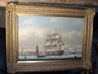 A QUALITY SIGNED OIL ON BOARD DEPICTING A BRITISH GALLEON ANCHORED OFF OF VENICE ITALY BY SALVATO...