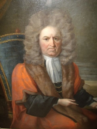 Antique LARGE OIL PORTRAIT OF JUDGE SIR ROBERT DORMER MP & ATTRIBUTED TO THOMAS HILL B.1650- D.1726  57 X 48 INCHES