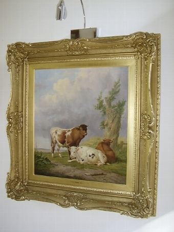 A FINE SIGNED OIL PAINTING BY THOMAS SIDNEY COOPER IN ORIGINAL GILT FRAME & DATED 1876 DEPICTING ...