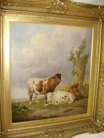 Antique A FINE SIGNED OIL PAINTING BY THOMAS SIDNEY COOPER IN ORIGINAL GILT FRAME & DATED 1876 DEPICTING CATTLE RESTING  28 X 26 INCHES