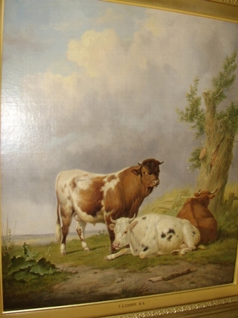 Antique A FINE SIGNED OIL PAINTING BY THOMAS SIDNEY COOPER IN ORIGINAL GILT FRAME & DATED 1876 DEPICTING CATTLE RESTING  28 X 26 INCHES