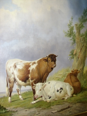 Antique A FINE SIGNED OIL PAINTING BY THOMAS SIDNEY COOPER IN ORIGINAL GILT FRAME & DATED 1876 DEPICTING CATTLE RESTING  28 X 26 INCHES