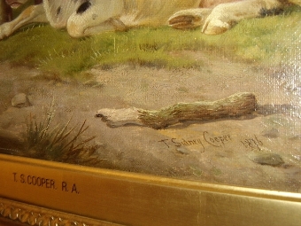 Antique A FINE SIGNED OIL PAINTING BY THOMAS SIDNEY COOPER IN ORIGINAL GILT FRAME & DATED 1876 DEPICTING CATTLE RESTING  28 X 26 INCHES