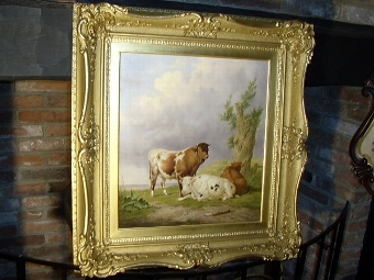 Antique A FINE SIGNED OIL PAINTING BY THOMAS SIDNEY COOPER IN ORIGINAL GILT FRAME & DATED 1876 DEPICTING CATTLE RESTING  28 X 26 INCHES