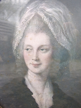 Antique QUEEN CHARLOTTE EARLY PRINT UNDER GLASS IN GESSO GILT OVAL FRAME 17 X 14.5 INCHES