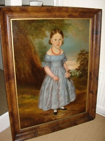 GEORGIAN OIL PORTRAIT OF YOUNG GIRL IN BLUE DRESS & PRESENTED IN HAND CRAFTED BURR WALNUT EFFECT ...