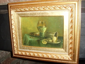 STILL LIFE STUDY OIL ON PANEL OF WINE GLASS TABLE SETTING 11.5 X 9.5 INCHES  SIGNED STIEN 