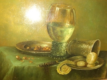 Antique STILL LIFE STUDY OIL ON PANEL OF WINE GLASS TABLE SETTING 11.5 X 9.5 INCHES  SIGNED STIEN 