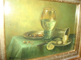 Antique STILL LIFE STUDY OIL ON PANEL OF WINE GLASS TABLE SETTING 11.5 X 9.5 INCHES  SIGNED STIEN 
