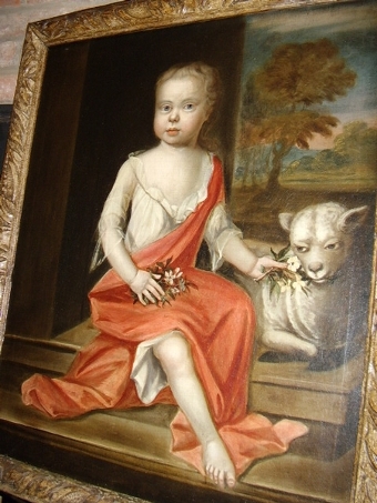 Antique 17TH CENTURY PORTRAIT OF YOUNG GIRL WITH LAMB