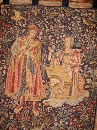 Antique TAPESTRY OF ELIZABETHAN SCENE DEPICTING MUSCICIANS PLAYING A FLUTE & STRINGS  33 X 24 INCHES