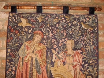 Antique TAPESTRY OF ELIZABETHAN SCENE DEPICTING MUSCICIANS PLAYING A FLUTE & STRINGS  33 X 24 INCHES
