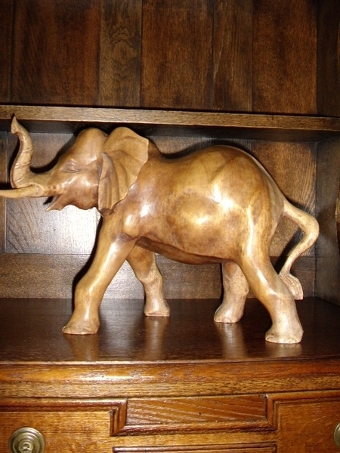ART DECO PAIR OF LARGE SCALE CARVED WALNUT ELEPHANTS / HEIGHT 10.5