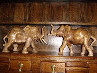 Antique ART DECO PAIR OF LARGE SCALE CARVED WALNUT ELEPHANTS / HEIGHT 10.5