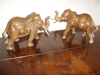Antique ART DECO PAIR OF LARGE SCALE CARVED WALNUT ELEPHANTS / HEIGHT 10.5