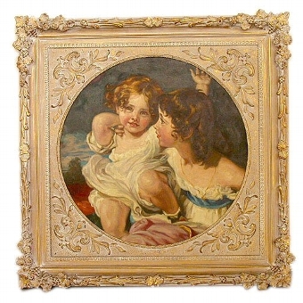 Antique WILLIAM GREENWOOD & CYCILL-CHRISTIANA CALMADY HIS GRANDAUGHTER BY ARTIST FREDERICK RICHARD SAY.19TH CENTURY ENGLISH SCHOOL C1833 COMMISSIONED & INSCRIBED VERSO BY HIS DAUGHTER EMILY NEE-GREENWOOD CALMADY 41 X 42 INCHES