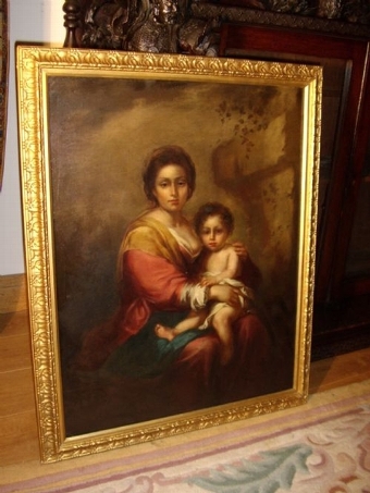 LATE 18TH CENTURY OIL PORTRAIT PAINTING ON CANVAS AFTER MADONNAS MOTHER & CHILD IN ORNATE GILT FR...