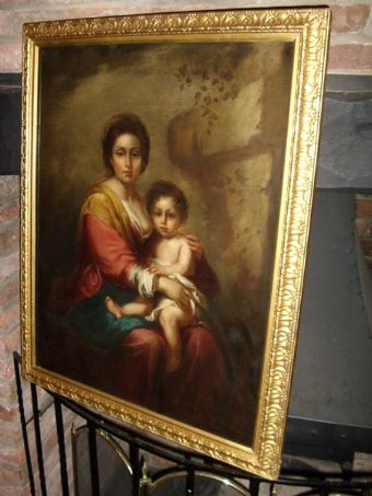 Antique LATE 18TH CENTURY OIL PORTRAIT PAINTING ON CANVAS AFTER MADONNAS MOTHER & CHILD IN ORNATE GILT FRAME EUROPEAN SCHOOL SIZE 26 X 32 INCHES