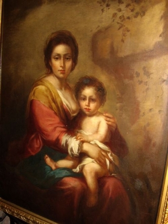 Antique LATE 18TH CENTURY OIL PORTRAIT PAINTING ON CANVAS AFTER MADONNAS MOTHER & CHILD IN ORNATE GILT FRAME EUROPEAN SCHOOL SIZE 26 X 32 INCHES