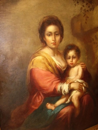 Antique LATE 18TH CENTURY OIL PORTRAIT PAINTING ON CANVAS AFTER MADONNAS MOTHER & CHILD IN ORNATE GILT FRAME EUROPEAN SCHOOL SIZE 26 X 32 INCHES
