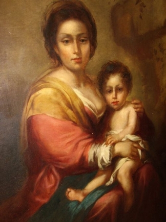 Antique LATE 18TH CENTURY OIL PORTRAIT PAINTING ON CANVAS AFTER MADONNAS MOTHER & CHILD IN ORNATE GILT FRAME EUROPEAN SCHOOL SIZE 26 X 32 INCHES