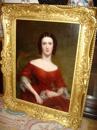 A FINE OIL PORTRAITURE STUDY OF A GLAMOROUS YOUNG SOCIETY LADY WEARING AN ELEGANT RED DRESS C1820...
