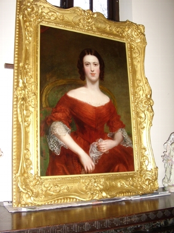 Antique A FINE OIL PORTRAITURE STUDY OF A GLAMOROUS YOUNG SOCIETY LADY WEARING AN ELEGANT RED DRESS C1820-30 48 X 37 INCHES