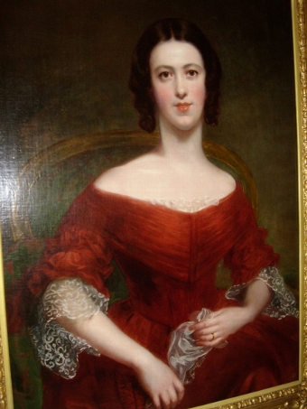 Antique A FINE OIL PORTRAITURE STUDY OF A GLAMOROUS YOUNG SOCIETY LADY WEARING AN ELEGANT RED DRESS C1820-30 48 X 37 INCHES