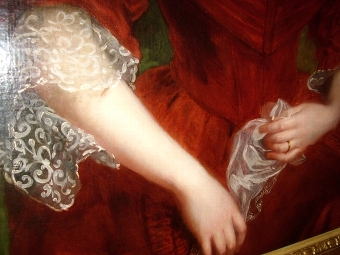 Antique A FINE OIL PORTRAITURE STUDY OF A GLAMOROUS YOUNG SOCIETY LADY WEARING AN ELEGANT RED DRESS C1820-30 48 X 37 INCHES