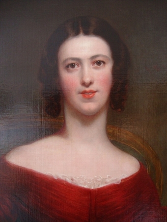 Antique A FINE OIL PORTRAITURE STUDY OF A GLAMOROUS YOUNG SOCIETY LADY WEARING AN ELEGANT RED DRESS C1820-30 48 X 37 INCHES