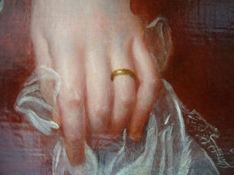 Antique A FINE OIL PORTRAITURE STUDY OF A GLAMOROUS YOUNG SOCIETY LADY WEARING AN ELEGANT RED DRESS C1820-30 48 X 37 INCHES