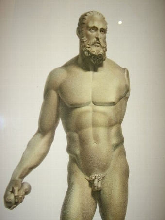A SUPERB COLOURED ETCHING OF A MARBLE NUDE MALE SCULPTURE TITLED 