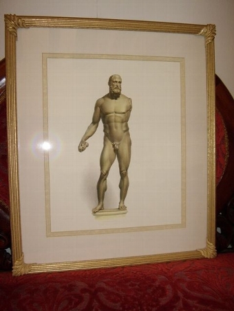 Antique A SUPERB COLOURED ETCHING OF A MARBLE NUDE MALE SCULPTURE TITLED 