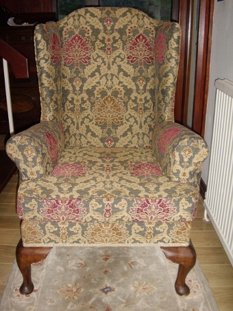 LATE VICTORIAN RE-UPHOLSTERED WINGED LARGE ARMCHAIR WITH MAHOGANY QUEEN-ANNE LEGS & FITTED WITH R...