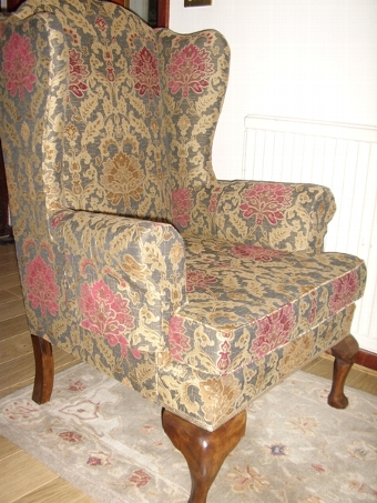 Antique LATE VICTORIAN RE-UPHOLSTERED WINGED LARGE ARMCHAIR WITH MAHOGANY QUEEN-ANNE LEGS & FITTED WITH REVERSABLE CUSHION INCLUDING ARM PROTECTORS 