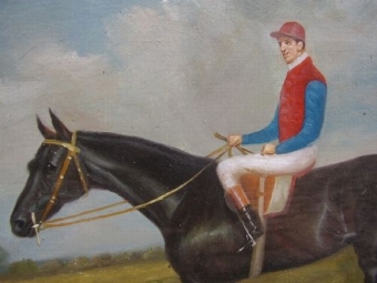 Antique SPORTING OIL ON CANVAS OF MOUNTED JOCKEY IN RACING COLOURS & PRESENTED IN BURR-WALNUT FRAME UNDER GLASS 20.5 X 15.5 INCHES