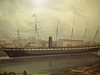 CHROMO-LITHOGRAPH OF THE S.S.GREAT BRITAIN PASSENGER STEAMSHIP IN SERVICE 1845-1886 DOCKED IN BRI...