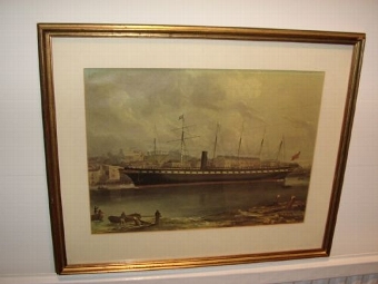 Antique CHROMO-LITHOGRAPH OF THE S.S.GREAT BRITAIN PASSENGER STEAMSHIP IN SERVICE 1845-1886 DOCKED IN BRISTOL 21 X 17 FRAMED UNDER GLASS C1900-20